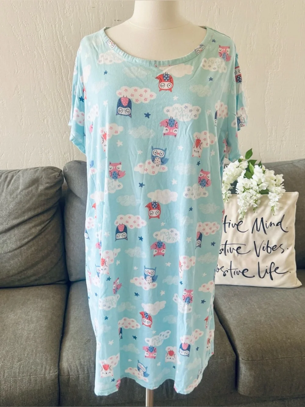 Secret Treasures Blue Owl Print Short-Sleeve Nightgown - Picture 1 of 8
